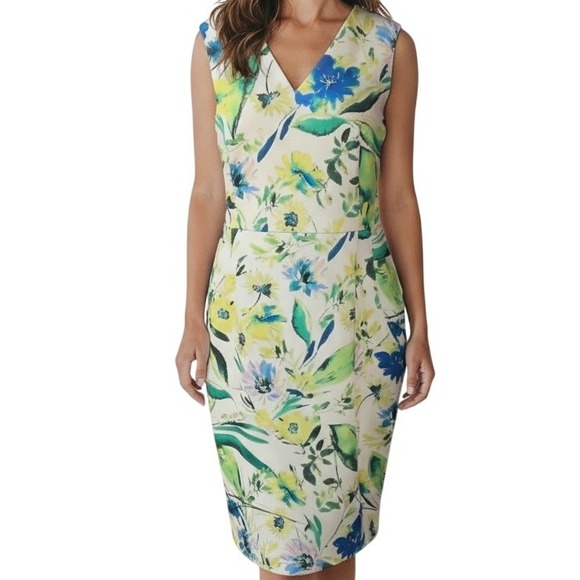 Calvin Klein Floral V Neck Sleeveless Lined Scuba Cocktail Sheath Dress Size 14 - Picture 1 of 11